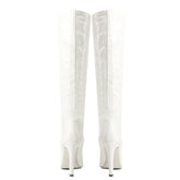 Schicke kniehohe Stiletto-Stiefel aus Kunstleder mit Kroko-Effekt und spitzer Spitze - Off-White